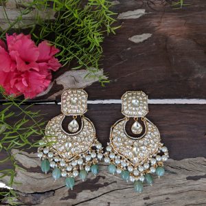 Gold Plated White and Sea Green Meena Earrings