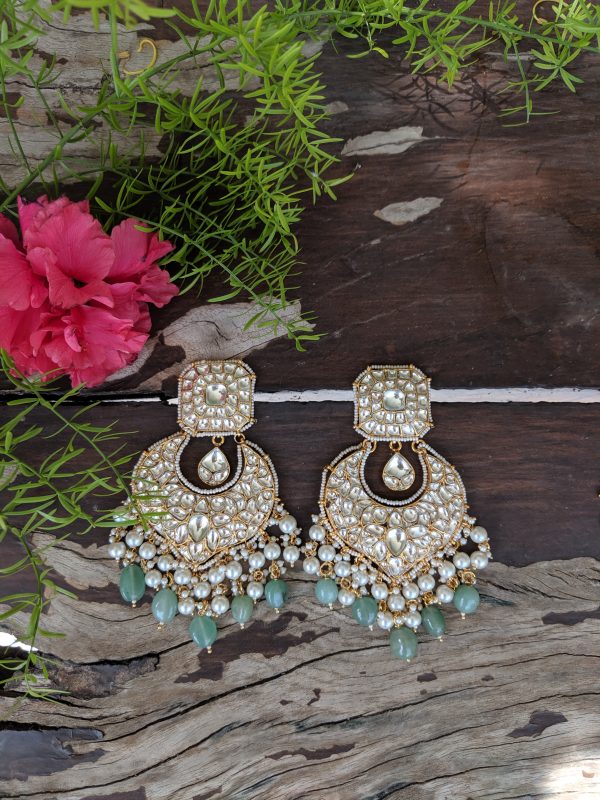 Gold Plated White and Sea Green Meena Earrings