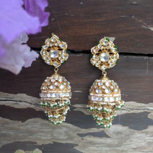 WHITE JADTAR SMALL STONE IN GREEN HANGINGS JHUMKI