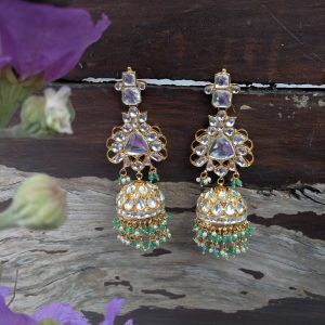 WHITE BIG JADTAR STONE LIGHT GREEN HANGINGS JHUMKI