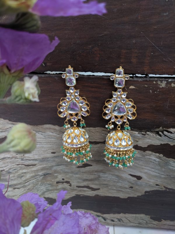 WHITE BIG JADTAR STONE LIGHT GREEN HANGINGS JHUMKI
