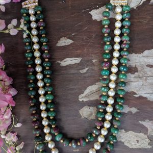 MULTI SHADE NECKLACE OF PINK AND GREEN WITH PEARL AND GOLDEN BEADES
