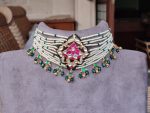 WHITE & PINK JADTAR STONE SMALL PENDANT WITH PEARL LINE NECKLACE GREEN HANGINGS