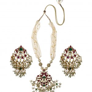 Gold Plated Pink and Green Pendant Set With Earrings