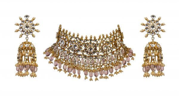 WHITE JADTAR STONE LIGHT PINK HANGINGS NECKLACE SET