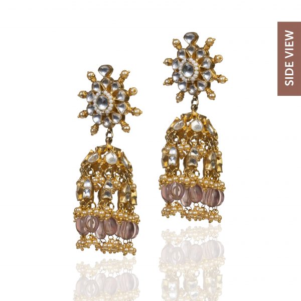 WHITE JADTAR STONE LIGHT PINK HANGINGS NECKLACE SET