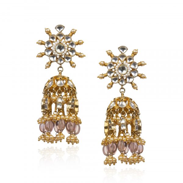 WHITE JADTAR STONE LIGHT PINK HANGINGS NECKLACE SET