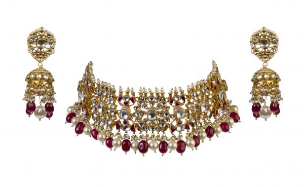 Gold Plated Pink and White Choker Necklace Set (upper line)