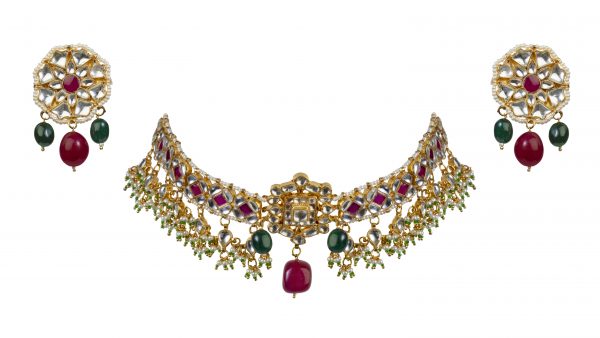 Gold Plated pink and white Stone Necklace Set