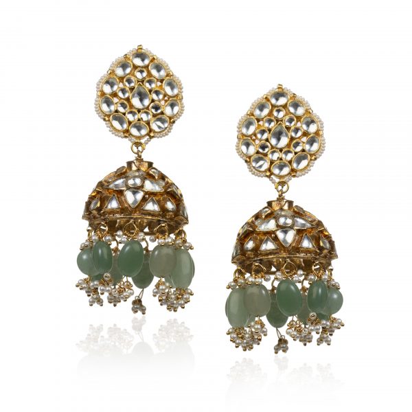 SEA GREEN WHITE JADTAR STONE FISH NECKLACE SET WITH JHUMKI