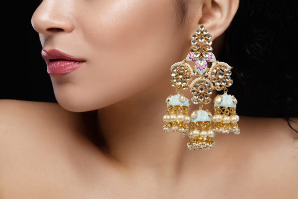 Gold Plated Pastel blue and pink meena work pendant Set