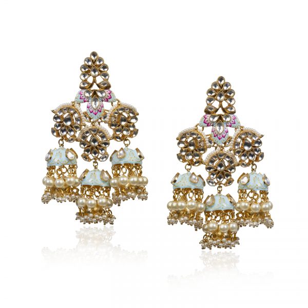 Gold Plated Pastel blue and pink meena work pendant Set