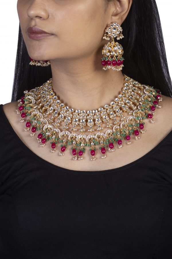 uniquely beaded traditional necklace set in pink and green beads