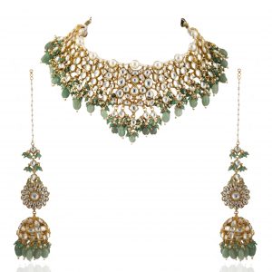 WHITE JADTAR STONE HEAVY NECKLACE WITH PEARL AND SEA GREEN BEADS WITH JHUMKI