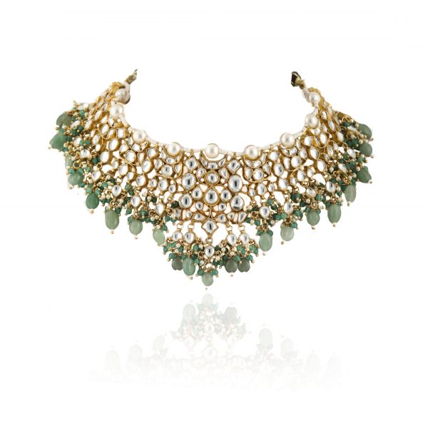 WHITE JADTAR STONE HEAVY NECKLACE WITH PEARL AND SEA GREEN BEADS WITH JHUMKI
