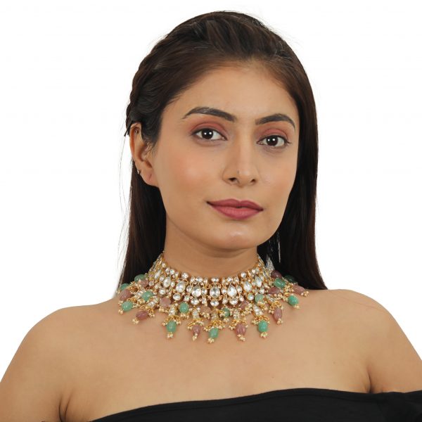 PASTEL PINK AND SEA GREEN FISH SHAPE WHITE NECKLACE SET