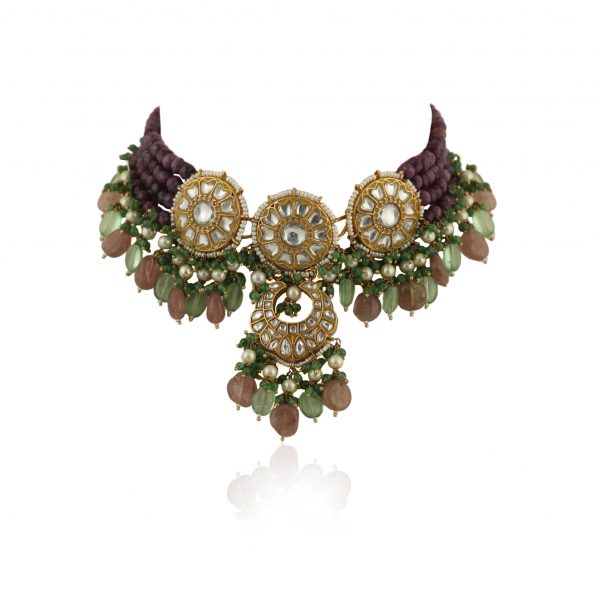 PURPLE MOTI WORK SEA GREEN BEADS CHOKER SET