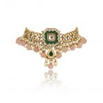 GREEN SQUARE SHAPE WITH LIGHT PINK BEADS CHOKER SET