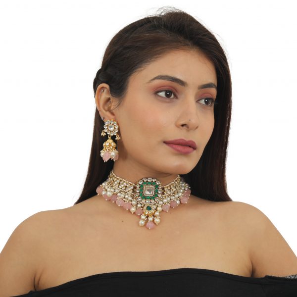 GREEN SQUARE SHAPE WITH LIGHT PINK BEADS CHOKER SET