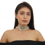 GREEN SQUARE SHAPE WITH LIGHT PINK BEADS CHOKER SET