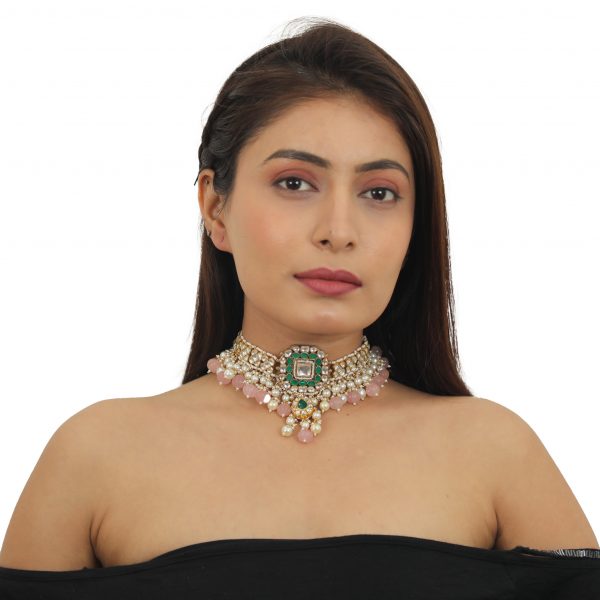 GREEN SQUARE SHAPE WITH LIGHT PINK BEADS CHOKER SET
