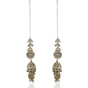 WHITE JADTAR STONE BIG JHUMKI WITH GREEN HANGINGS