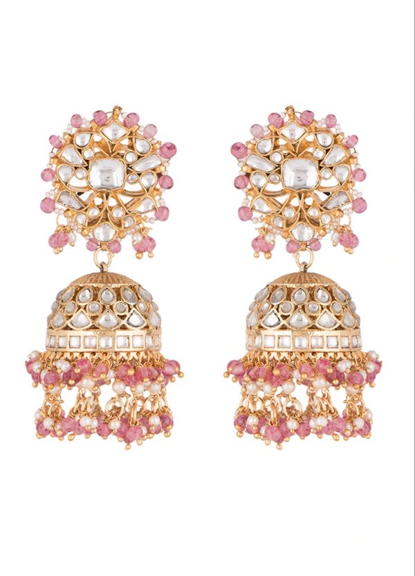 WHITE SMALL JADTAR STONE JHUMKI WITH LIGHT PINK HANGINGS