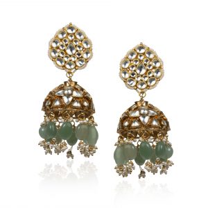 WHITE STONR JHUMKI WITH SEA GREEN BEADS