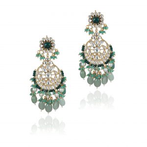 WHITE JADTAR STONE EARRINGS GREEN MOTI WORK , SEA GREEN BEADS WITH WHITE PEARL