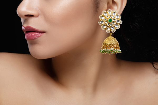 Jhumki Earrings of Pearl and Jadtar with Gold Coating