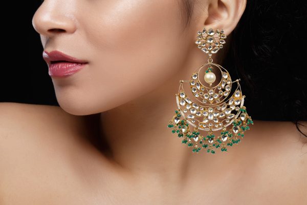 White Jadtar & Green Beads Chandbalis