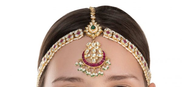 white & Pink Jadtar & Beads Studded Bridal Matha patti Buy Online