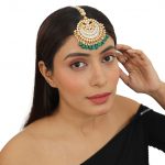 GREEN BEADS DOUBLE CHANDSHAPE WHITE JADTAR STONE TIKKA