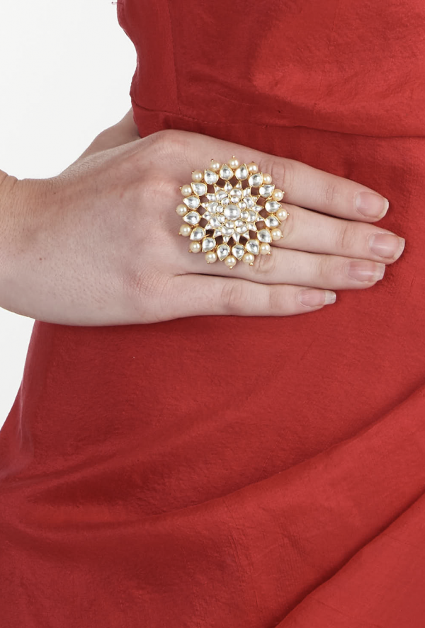 floral jadtar ring with pearls