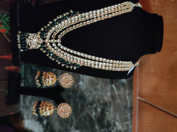 WHITE JADTAR STONE WITH GREEN BEADS HEAVY NECKLACE WITH  JHUMKI & LONG PENDAND