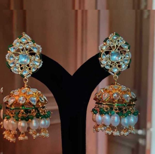 Jhumki earrings with white jadtar stones , beaded with pearls and emerald beads
