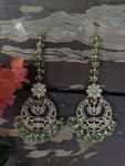 CHANDBALI EARRINGS WITH ONYX GREEN BEADS AND EARCHAIN