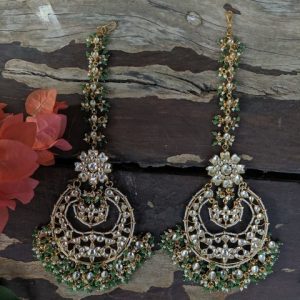 CHANDBALI EARRINGS WITH ONYX GREEN BEADS AND EARCHAIN