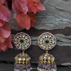 JHUMKI EARRINGS WITH PASTEL PINK AND GREEN BEADS