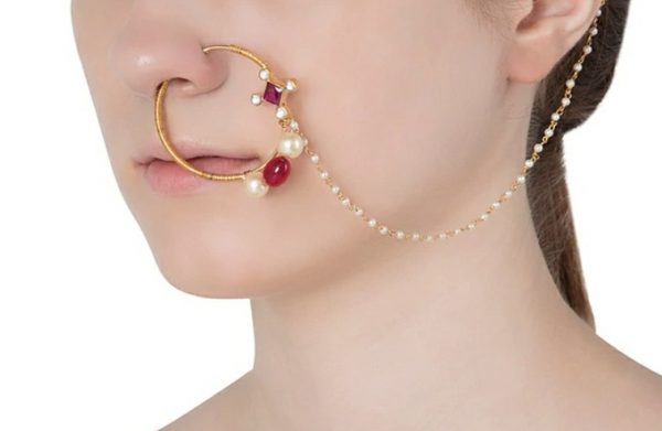 Red and White Pearl and Jadtar Studded Nosring