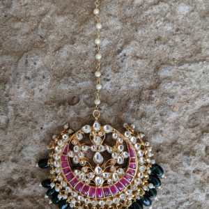 White Jadtar and Green Pearl Studded Maang Tikka